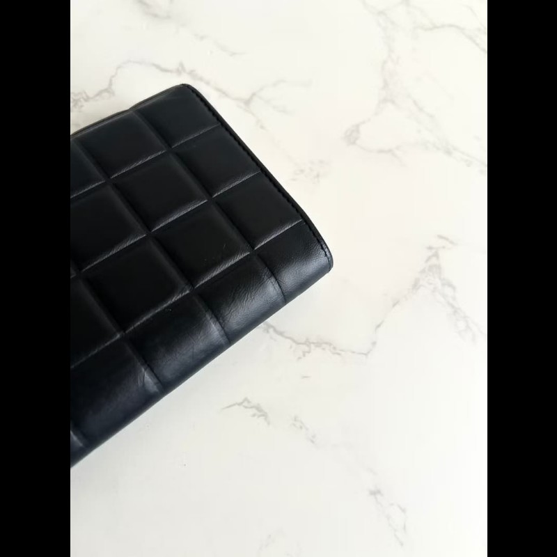 【LA LUNE】古董包 Chanel黑金冰格牛皮皮革長夾 錢包 皮夾 中古二手銀包-7