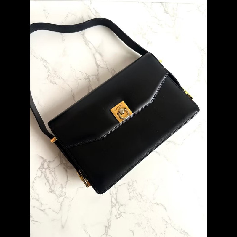 稀有中古包 Celine黑色翻蓋風琴腋下包 單肩包 側背包 二手古董包-0
