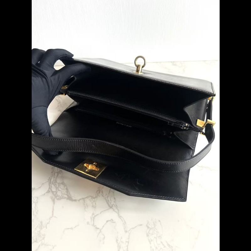 稀有中古包 Celine黑色翻蓋風琴腋下包 單肩包 側背包 二手古董包-4