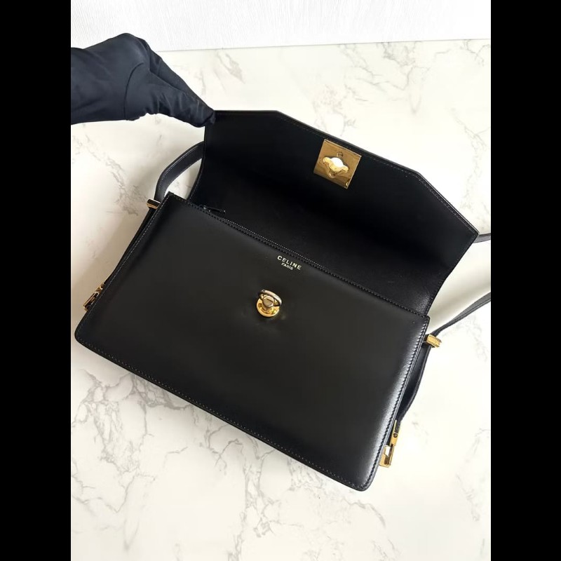 稀有中古包 Celine黑色翻蓋風琴腋下包 單肩包 側背包 二手古董包-5