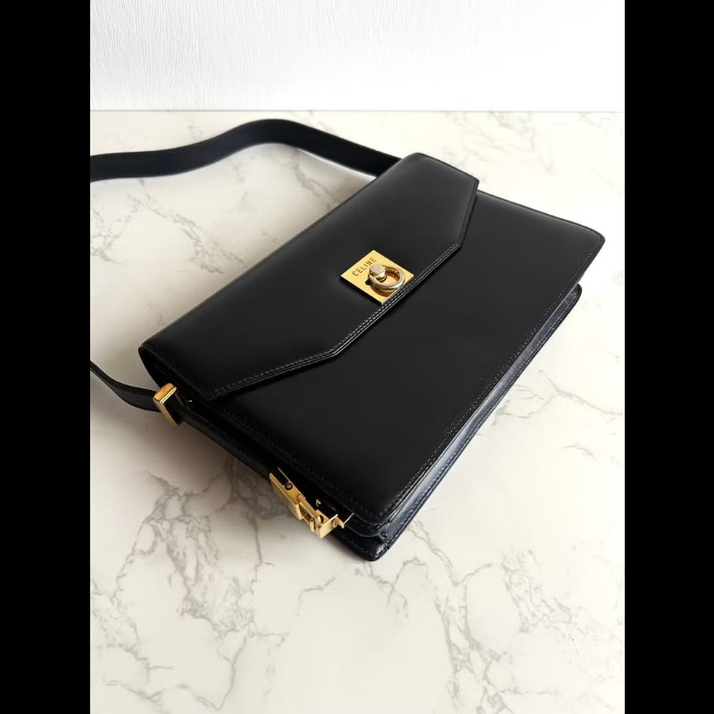 稀有中古包 Celine黑色翻蓋風琴腋下包 單肩包 側背包 二手古董包-6