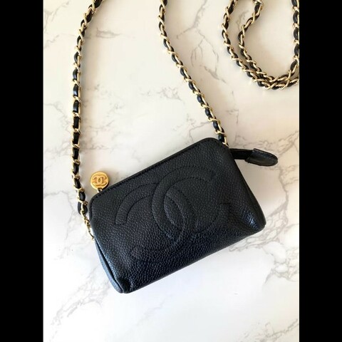 【LA LUNE】中古二手Chanel黑色魚子醬皮革側背包 斜背包 皮革包 單肩包 古董