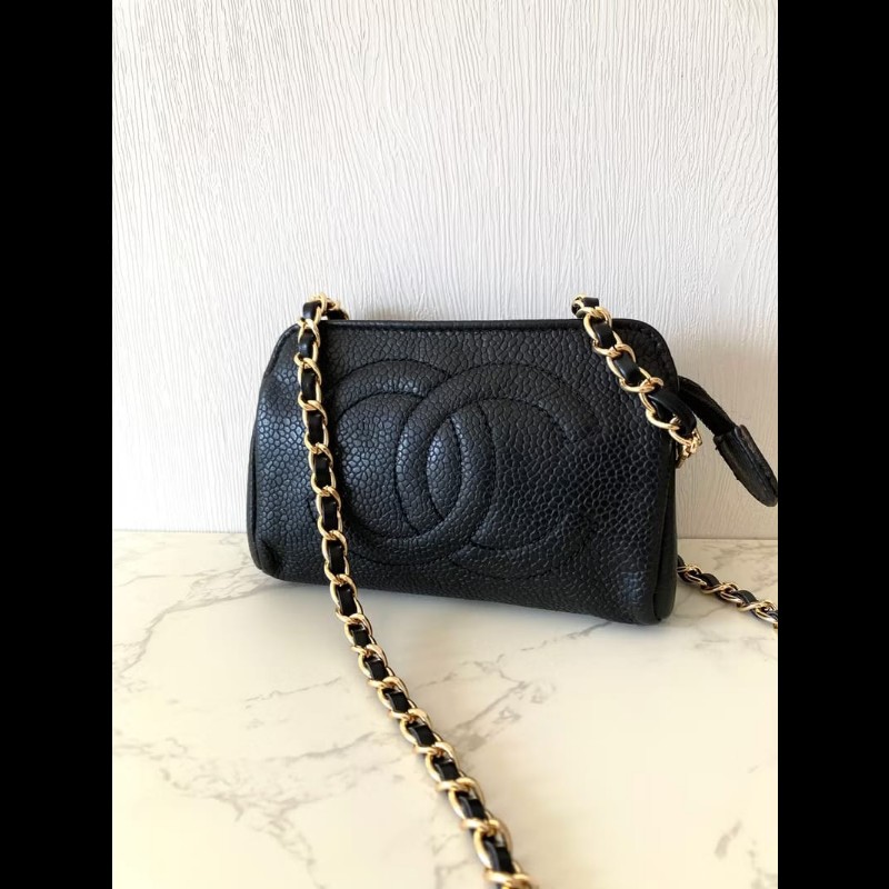 【LA LUNE】中古二手Chanel黑色魚子醬皮革側背包 斜背包 皮革包 單肩包 古董-1