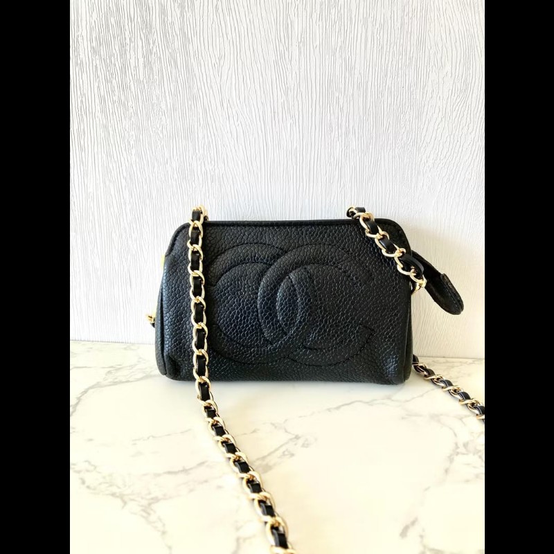 【LA LUNE】中古二手Chanel黑色魚子醬皮革側背包 斜背包 皮革包 單肩包 古董-2