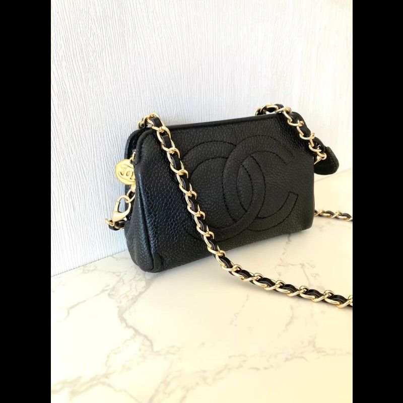 【LA LUNE】中古二手Chanel黑色魚子醬皮革側背包 斜背包 皮革包 單肩包 古董-3