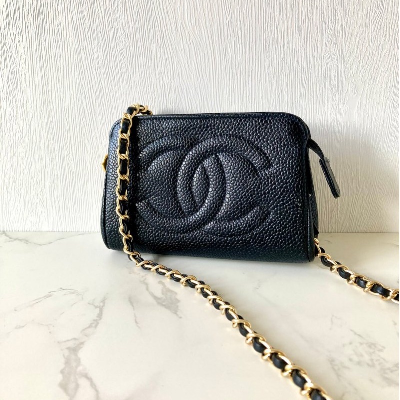 【LA LUNE】中古二手Chanel黑色魚子醬皮革側背包 斜背包 皮革包 單肩包 古董-4