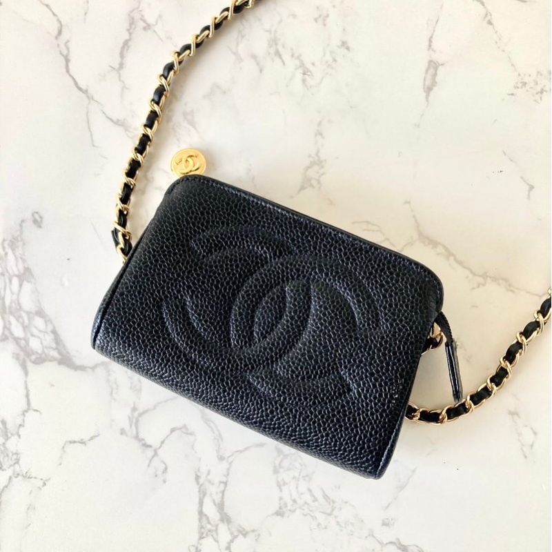 【LA LUNE】中古二手Chanel黑色魚子醬皮革側背包 斜背包 皮革包 單肩包 古董-5