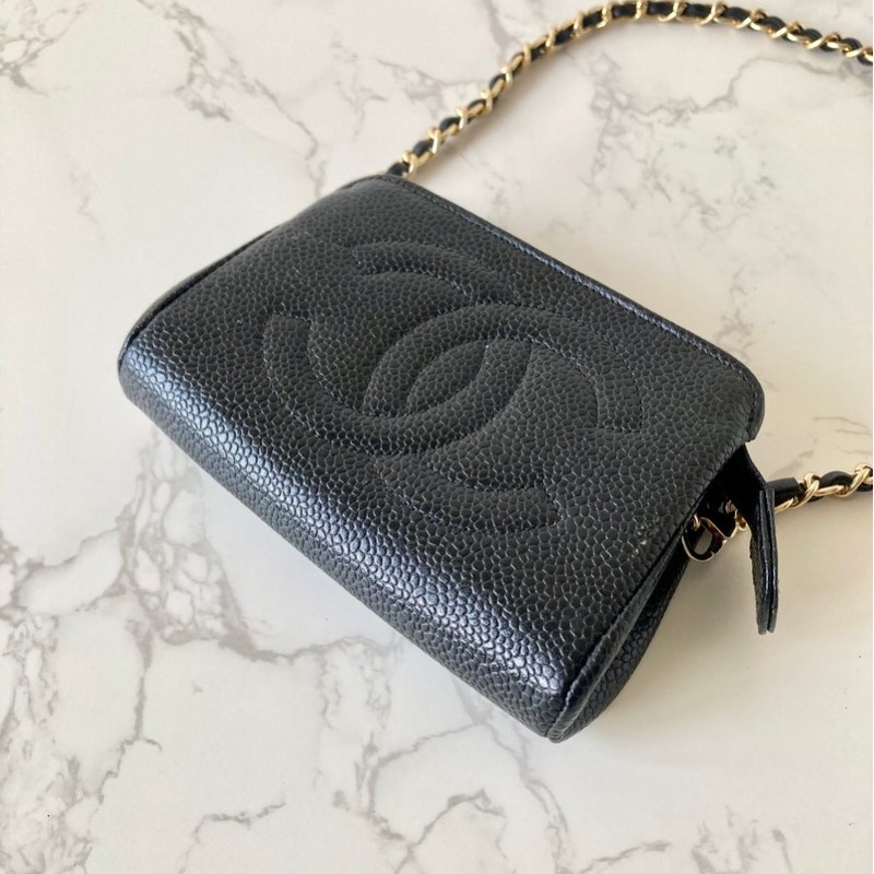 【LA LUNE】中古二手Chanel黑色魚子醬皮革側背包 斜背包 皮革包 單肩包 古董-6