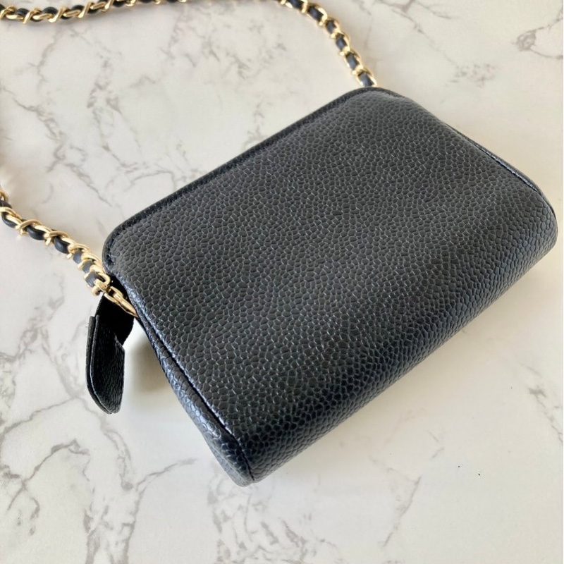 【LA LUNE】中古二手Chanel黑色魚子醬皮革側背包 斜背包 皮革包 單肩包 古董-7