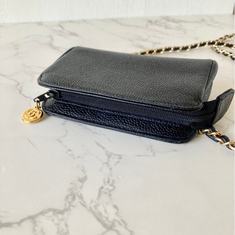 【LA LUNE】中古二手Chanel黑色魚子醬皮革側背包 斜背包 皮革包 單肩包 古董-8