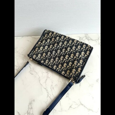 【LA LUNE】絕版古董包 Dior藍黑色老花皮革包 中古包 單肩包 側背包 斜背包