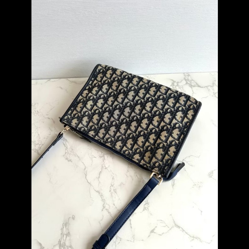 【LA LUNE】絕版古董包 Dior藍黑色老花皮革包 中古包 單肩包 側背包 斜背包-0