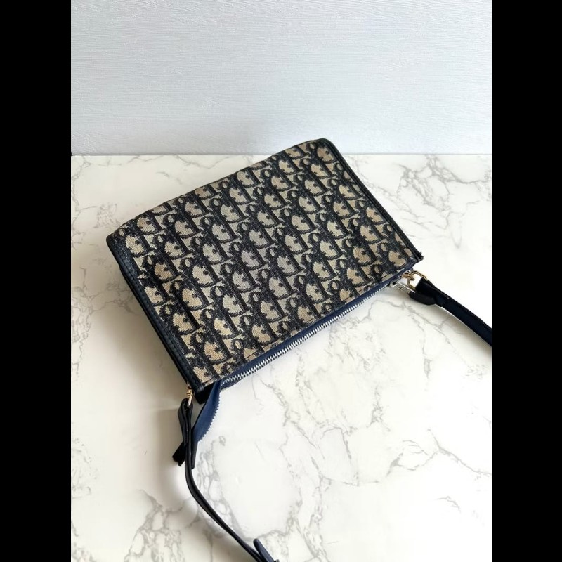 【LA LUNE】絕版古董包 Dior藍黑色老花皮革包 中古包 單肩包 側背包 斜背包-1