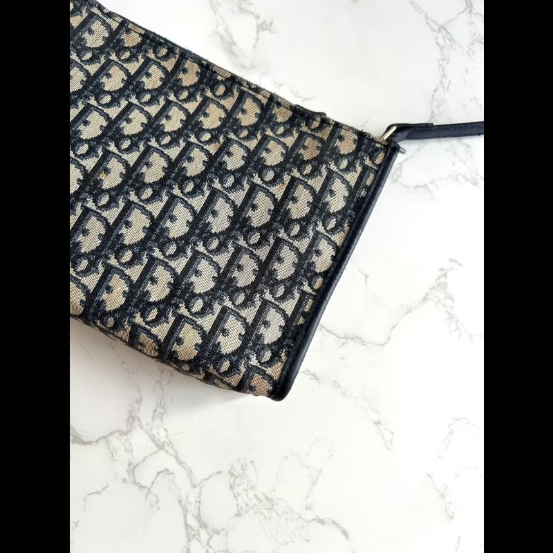 【LA LUNE】絕版古董包 Dior藍黑色老花皮革包 中古包 單肩包 側背包 斜背包-4