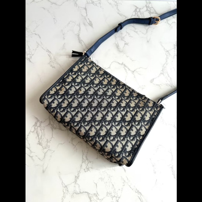 【LA LUNE】絕版古董包 Dior藍黑色老花皮革包 中古包 單肩包 側背包 斜背包-5