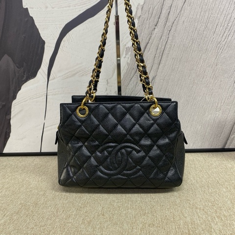 CE9115 98新 Chanel香奈兒黑金PTT購物袋 鐳射16開 荔枝皮 尺寸26*18*13