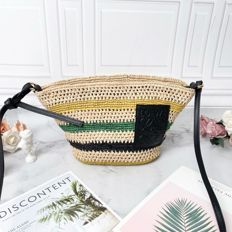 LOEWE Basket Pochette編織彩色條紋酒椰纖維拼牛皮肩背斜背包18x17x10cm 98新配件塵袋-1