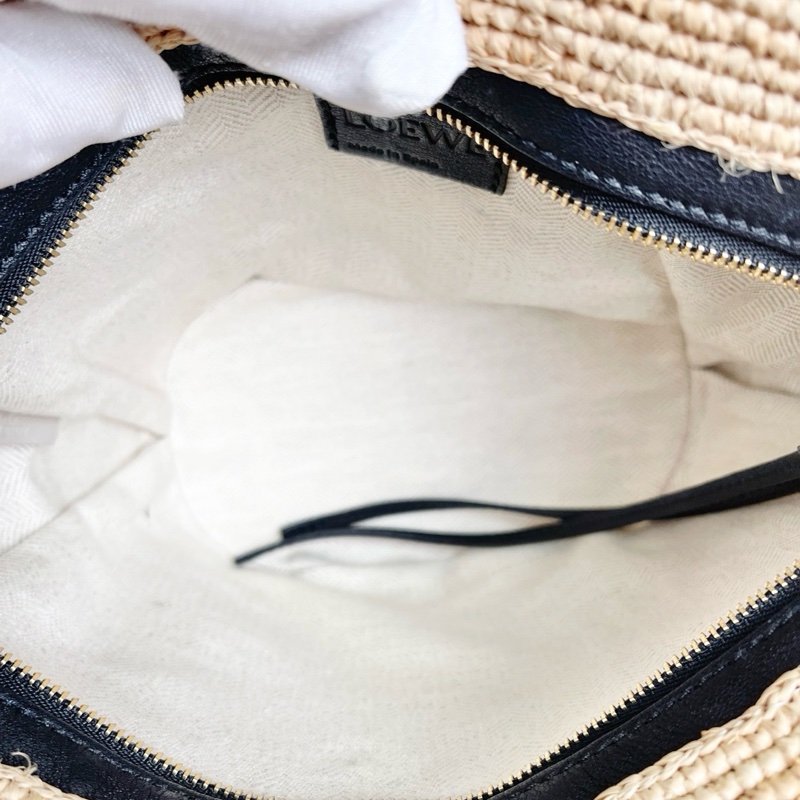 LOEWE Basket Pochette編織彩色條紋酒椰纖維拼牛皮肩背斜背包18x17x10cm 98新配件塵袋-2