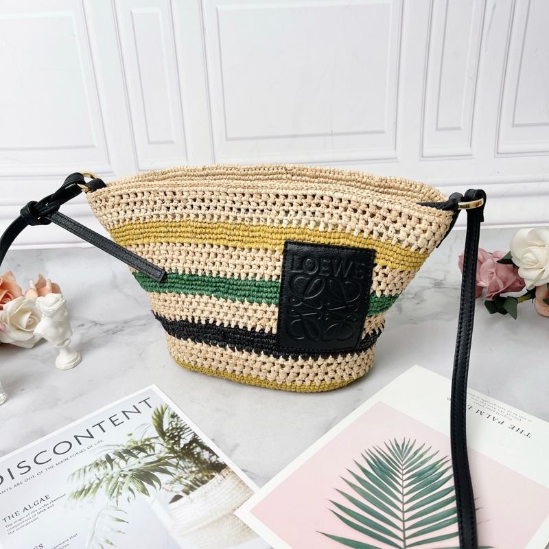 LOEWE Basket Pochette編織彩色條紋酒椰纖維拼牛皮肩背斜背包18x17x10cm 98新配件塵袋-3
