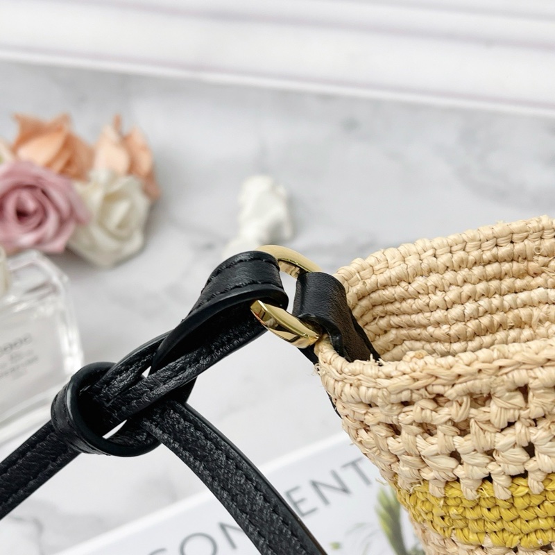 LOEWE Basket Pochette編織彩色條紋酒椰纖維拼牛皮肩背斜背包18x17x10cm 98新配件塵袋-4