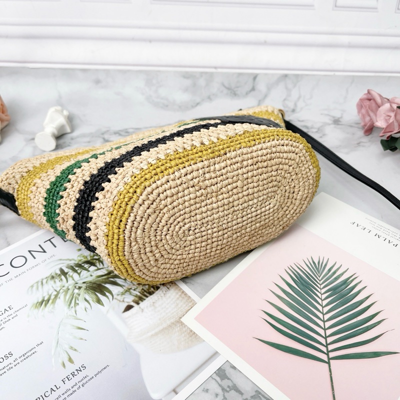 LOEWE Basket Pochette編織彩色條紋酒椰纖維拼牛皮肩背斜背包18x17x10cm 98新配件塵袋-5