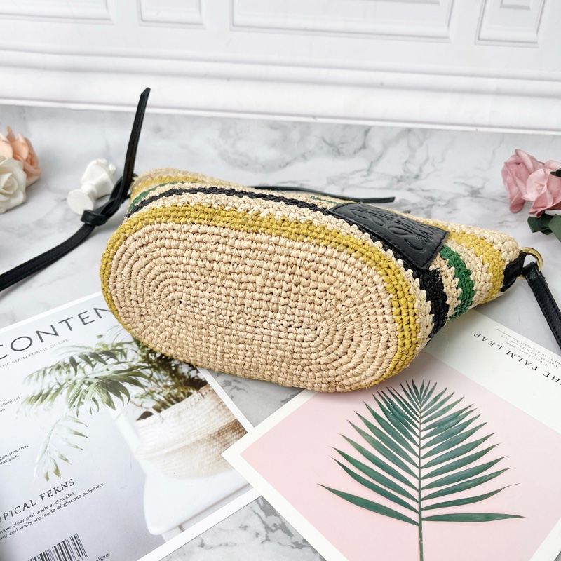 LOEWE Basket Pochette編織彩色條紋酒椰纖維拼牛皮肩背斜背包18x17x10cm 98新配件塵袋-7