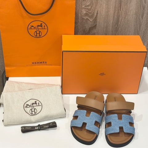 HERMES Chypre牛仔布拼接皮革二舅拖(36.5)