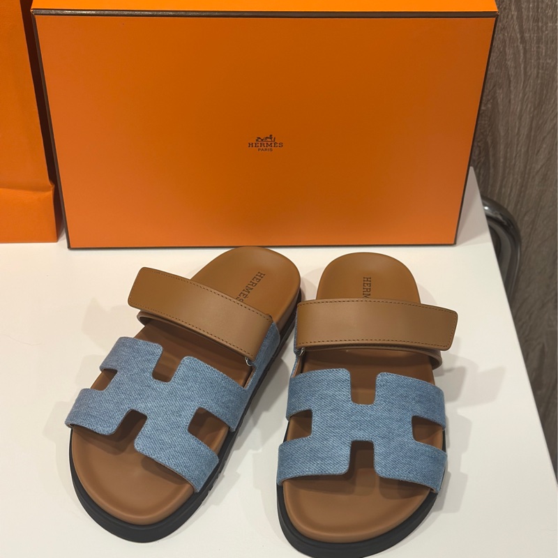 Hermes Chypre牛仔布拼接皮革二舅拖(36.5)-1