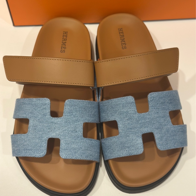 Hermes Chypre牛仔布拼接皮革二舅拖(36.5)-2