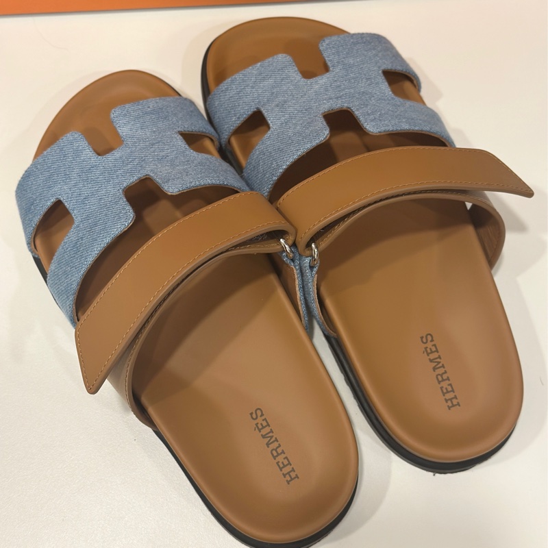Hermes Chypre牛仔布拼接皮革二舅拖(36.5)-3
