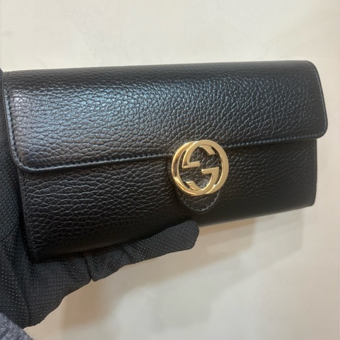 GUCCI 金屬雙G LOGO荔枝紋 牛皮扣式長夾