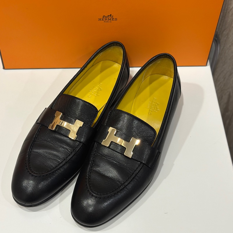 Hermes黑金H logo山羊皮樂福鞋（36）-1