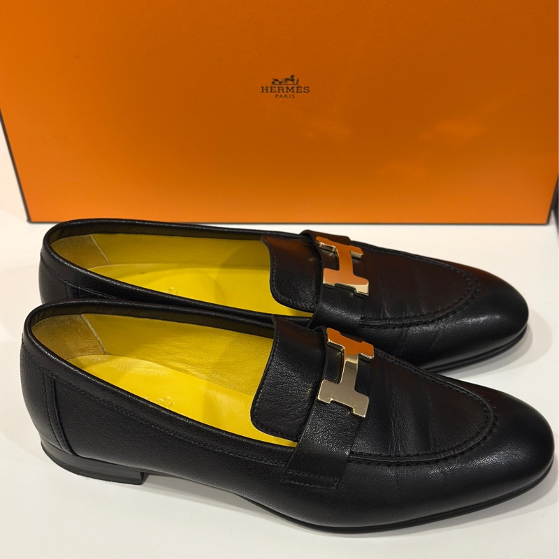 Hermes黑金H logo山羊皮樂福鞋（36）-4