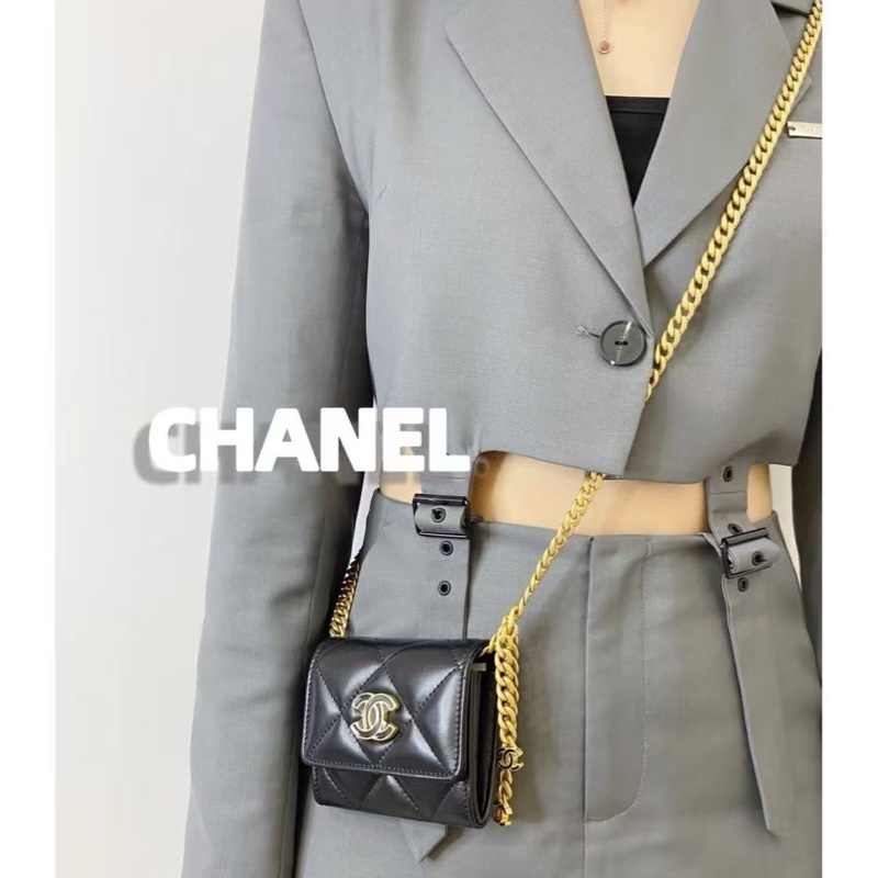 CHANEL 22SS迷你黑色琺琅金扣羊皮鍊條包 全新閒置配件盒子塵袋保卡-0