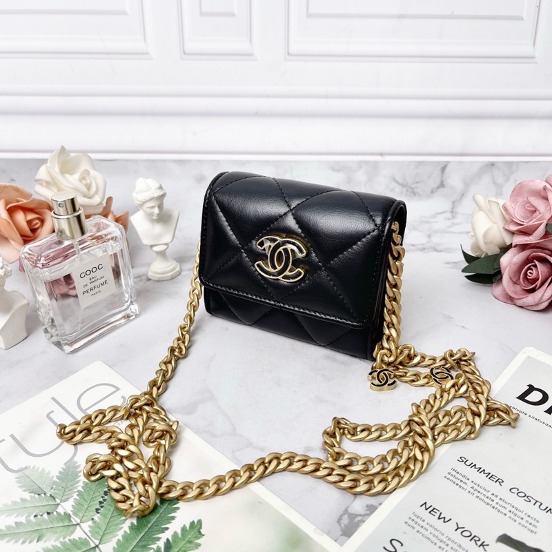 CHANEL 22SS迷你黑色琺琅金扣羊皮鍊條包 全新閒置配件盒子塵袋保卡-3