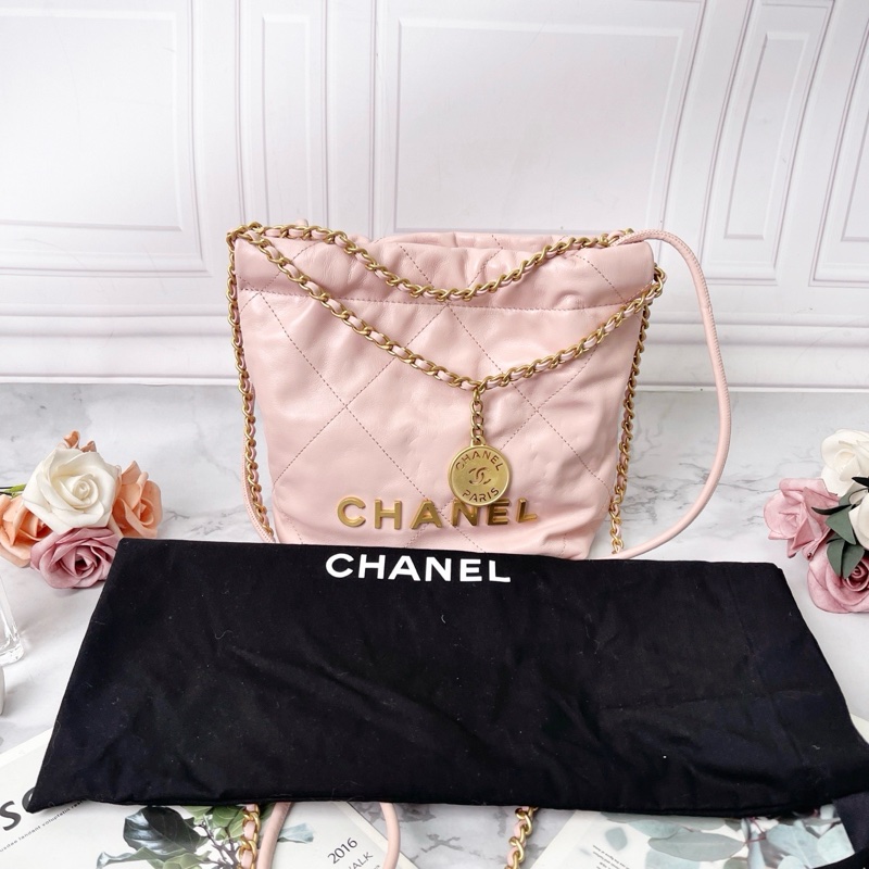 Chanel 22bag mini淡粉色抽繩水桶包23×6×21芯片款 99新配件塵袋-1