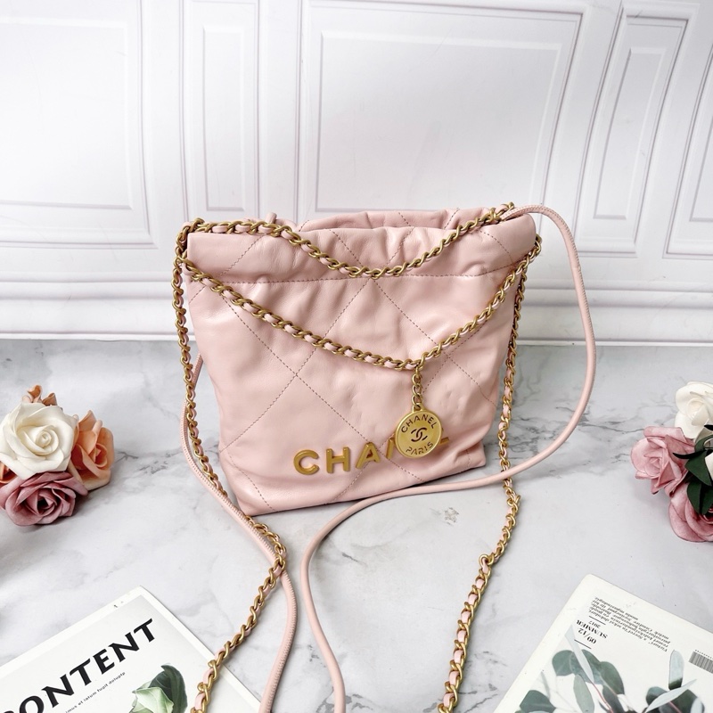 Chanel 22bag mini淡粉色抽繩水桶包23×6×21芯片款 99新配件塵袋-2