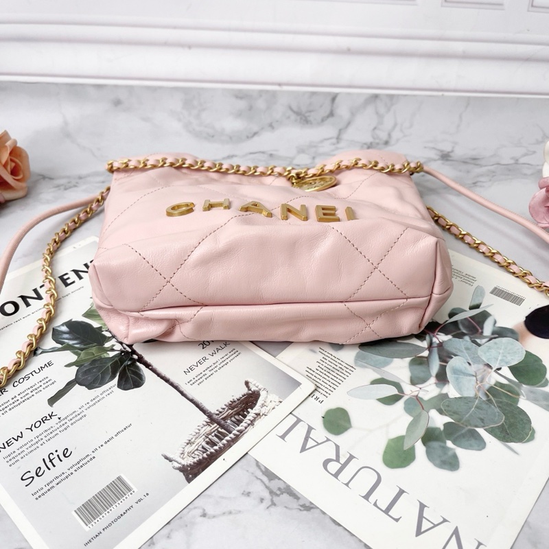 Chanel 22bag mini淡粉色抽繩水桶包23×6×21芯片款 99新配件塵袋-3