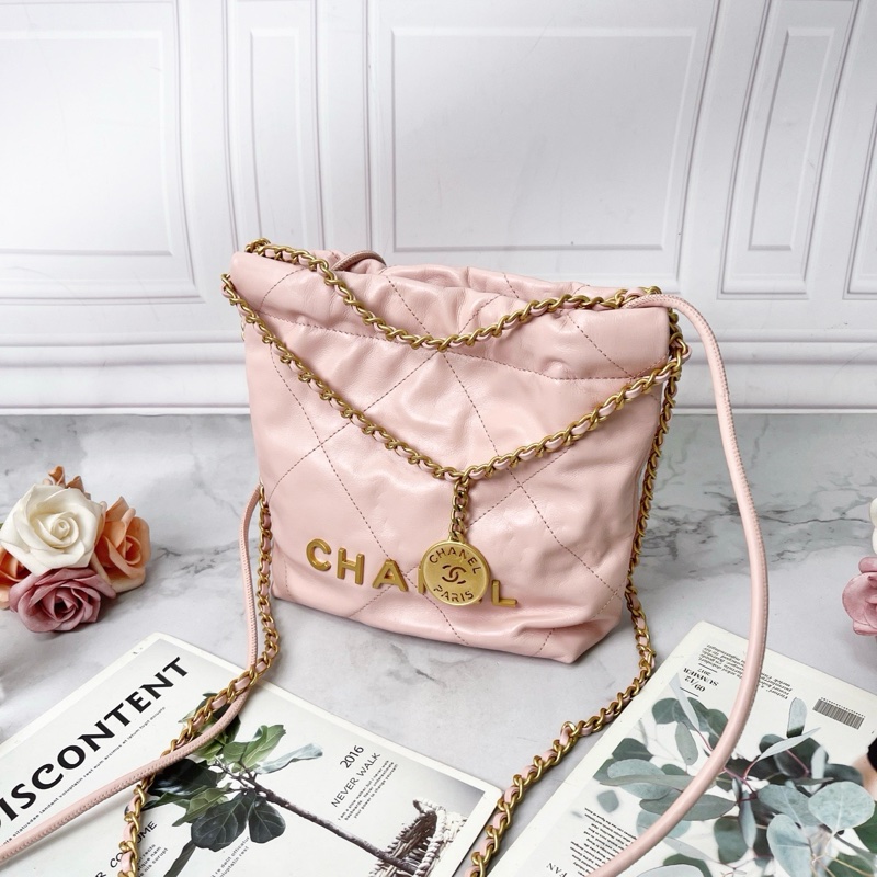 Chanel 22bag mini淡粉色抽繩水桶包23×6×21芯片款 99新配件塵袋-4