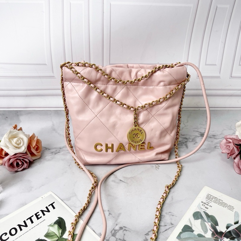 Chanel 22bag mini淡粉色抽繩水桶包23×6×21芯片款 99新配件塵袋-5