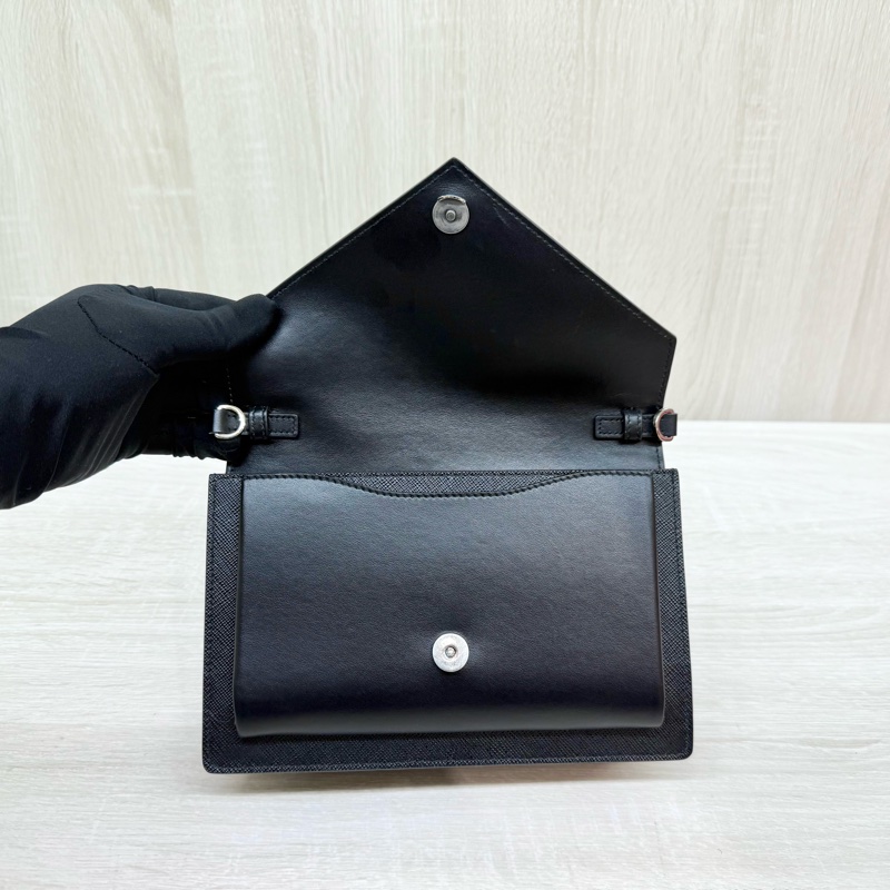 PRADA黑色牛皮銀釦信封下蓋斜背包1BP020-5