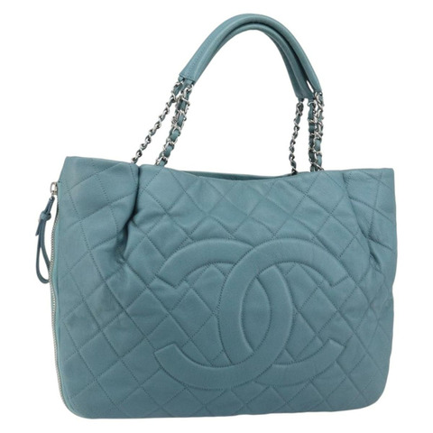 香奈兒魚子醬皮鏈肩背包 藍色 銀色 CC 標誌 Auth 158890V