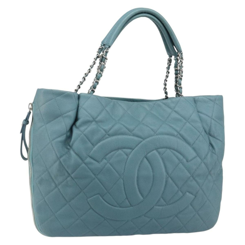 【日本直送】香奈兒魚子醬皮鏈肩背包 藍色 銀色 CC 標誌 Auth 158890V-0