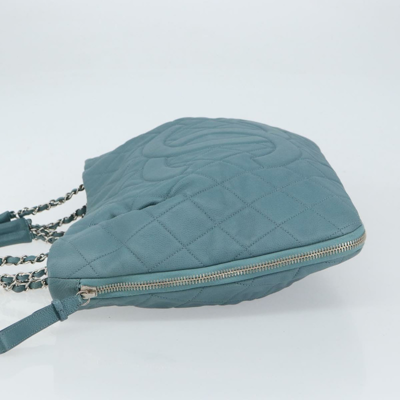 【日本直送】香奈兒魚子醬皮鏈肩背包 藍色 銀色 CC 標誌 Auth 158890V-3