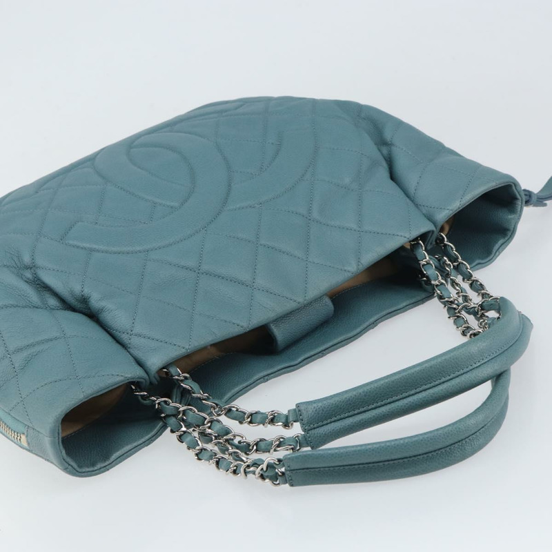 【日本直送】香奈兒魚子醬皮鏈肩背包 藍色 銀色 CC 標誌 Auth 158890V-5
