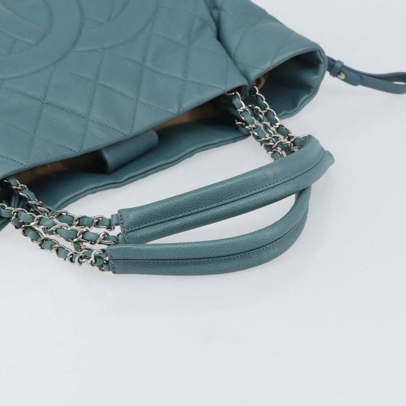 【日本直送】香奈兒魚子醬皮鏈肩背包 藍色 銀色 CC 標誌 Auth 158890V-6