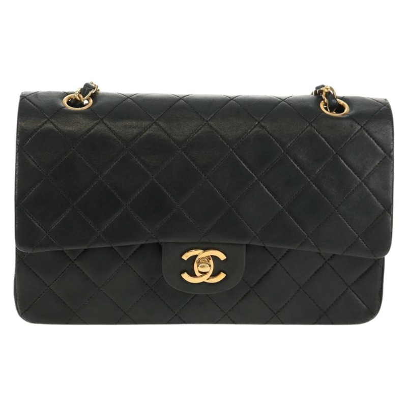 【日本直送】香奈兒 Matelasse 25 雙蓋鏈條包，羊皮材質，黑色，金色雙C標誌，正品編號 158003SAV-12