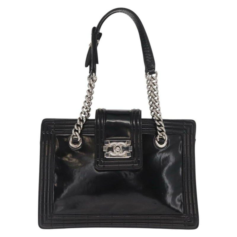【日本直送】香奈兒 Boy Chanel 鏈條肩背包 皮革 黑色 銀色 CC Auth bs31910-12