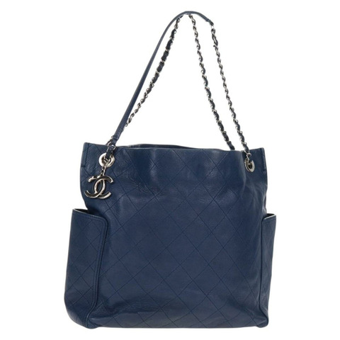 香奈兒 (CHANEL) 菱格紋鏈條肩背包，魚子醬紋皮革，藍色，銀色雙C標誌，正品編號 159037V