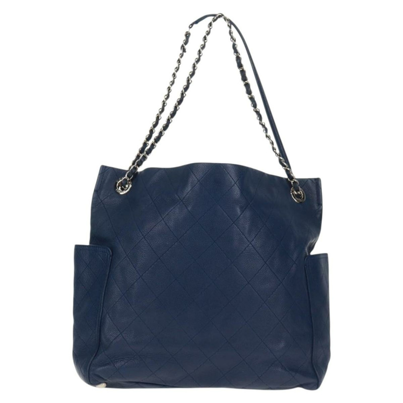 【日本直送】香奈兒 (CHANEL) 菱格紋鏈條肩背包,魚子醬紋皮革,藍色,銀色雙C標誌,正品編號 159037V-1